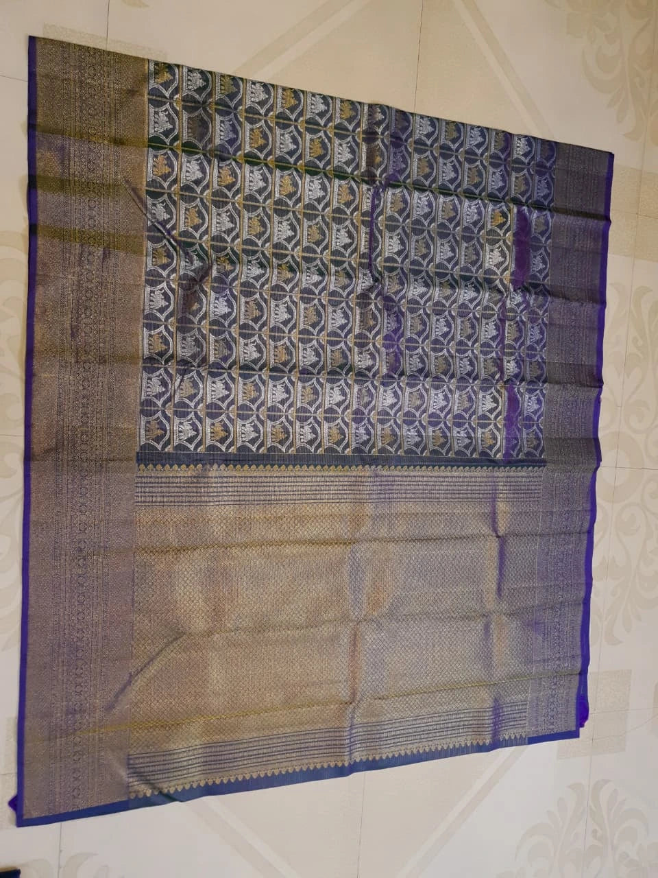 2G Pure Kanjivaram Silk Saree -  Royal Blue with Gold and Silver Elephant Motifs