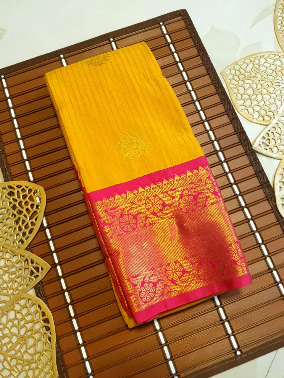 Semi Silk Saree - Yellow with Pink Border
