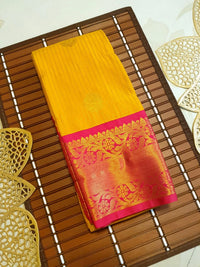 Semi Silk Saree - Yellow with Pink Border