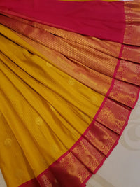 Semi Silk Saree - Yellow with Pink Border