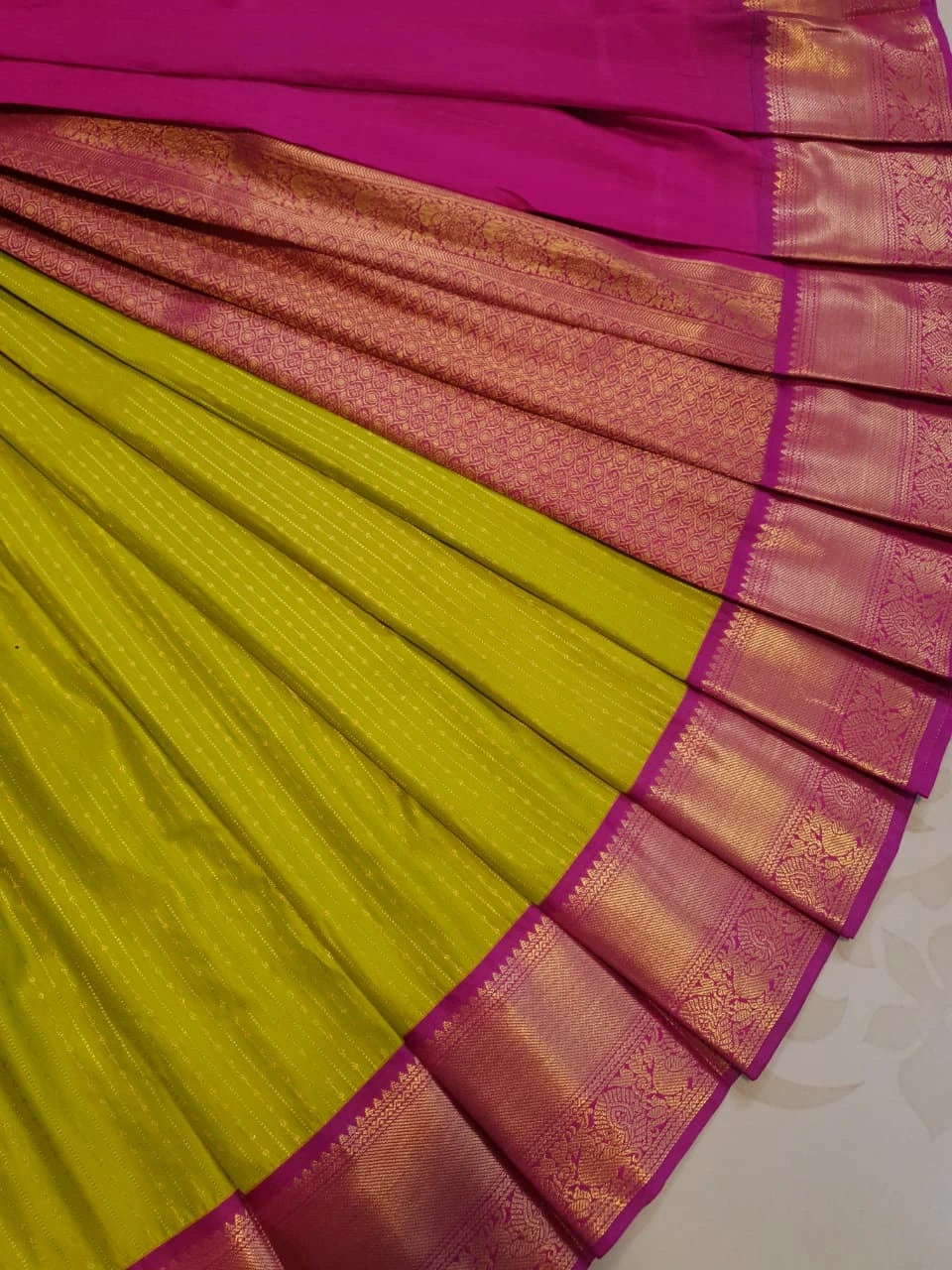 Semi Silk Saree - Green with Pink Border