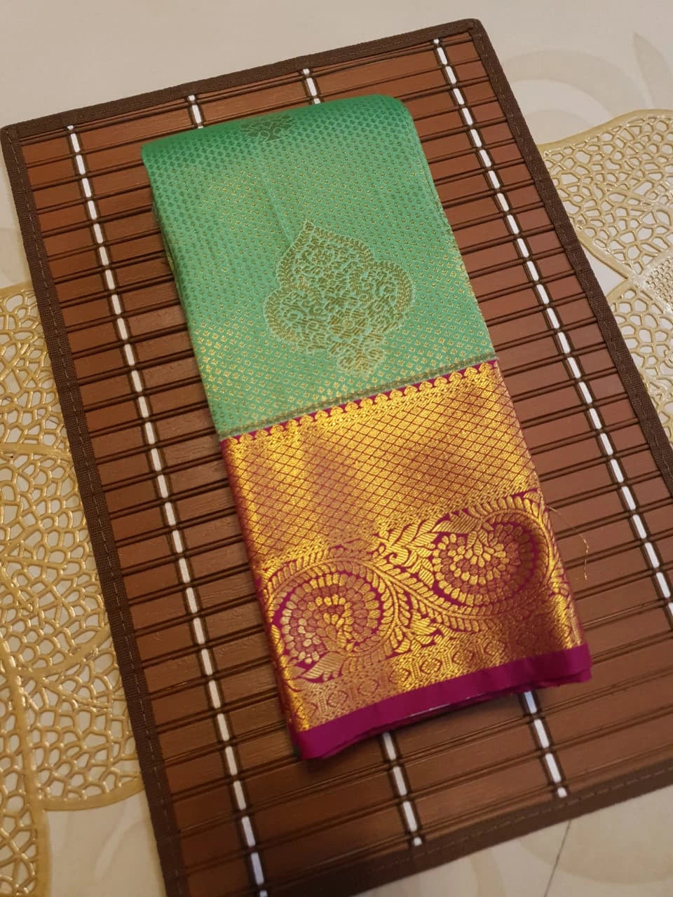 Bridal Semi  Silk Saree -  Pastel Green with Pink Border