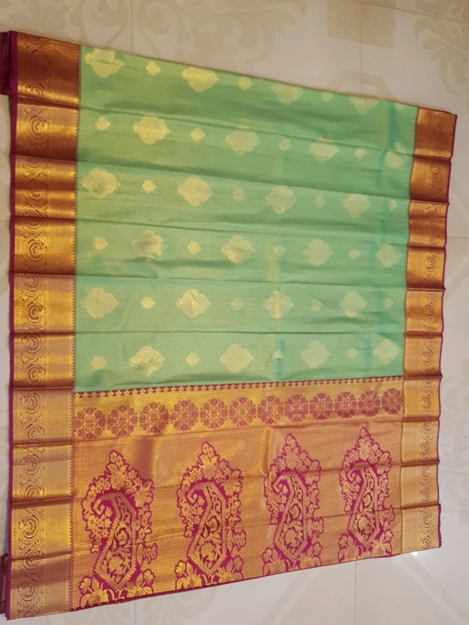 Bridal Semi  Silk Saree -  Pastel Green with Pink Border