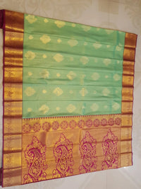 Bridal Semi  Silk Saree -  Pastel Green with Pink Border