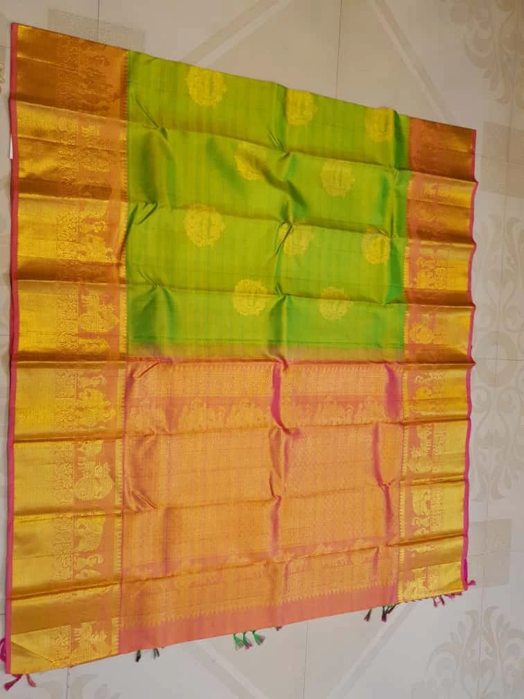 2G Pure Kanjivaram Silk Saree - Parrot Green | Silkmark Certified