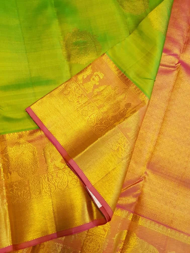 2G Pure Kanjivaram Silk Saree - Parrot Green | Silkmark Certified