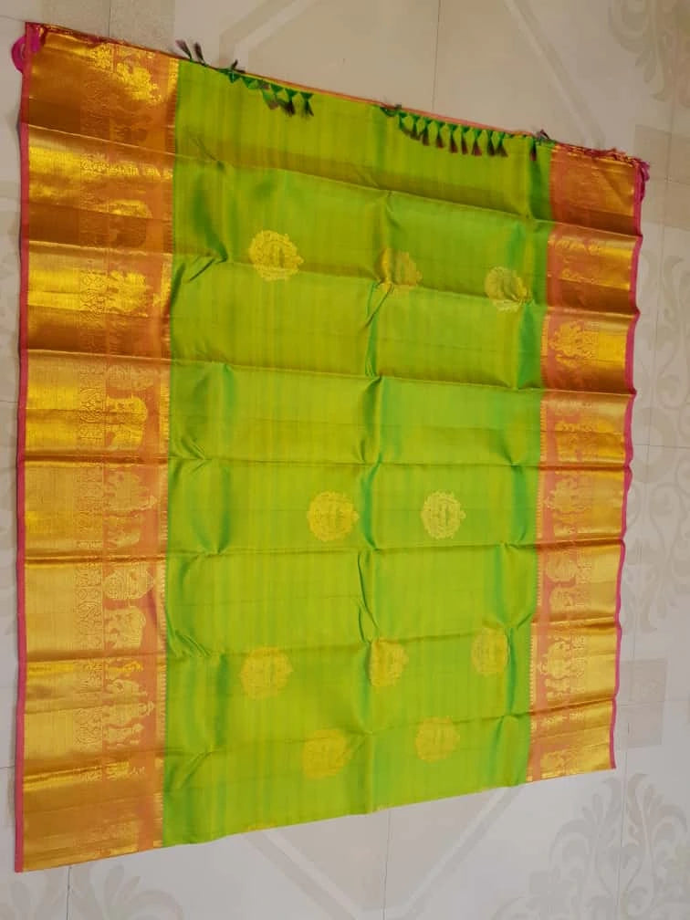 2G Pure Kanjivaram Silk Saree - Parrot Green | Silkmark Certified
