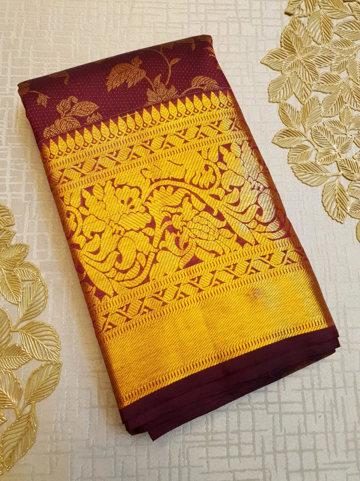 2G Pure Kanjivaram Silk Saree in Maroon with Gold Floral Design | Silkmark Certified