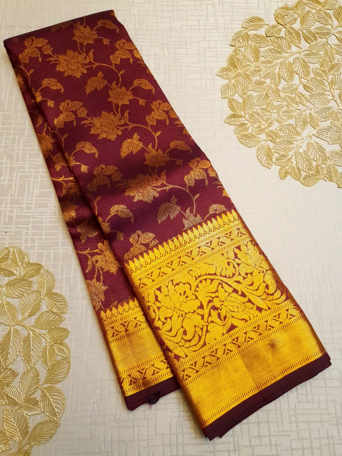 2G Pure Kanjivaram Silk Saree in Maroon with Gold Floral Design | Silkmark Certified