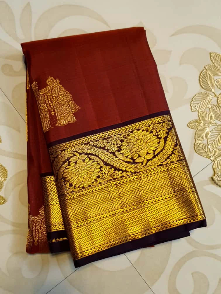 2G Pure Kanjivaram Silk Saree in rustic Brown and Gold Zari Border | Silkmark Certified