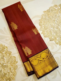 2G Pure Kanjivaram Silk Saree in rustic Brown and Gold Zari Border | Silkmark Certified