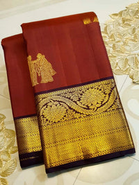 2G Pure Kanjivaram Silk Saree in rustic Brown and Gold Zari Border | Silkmark Certified
