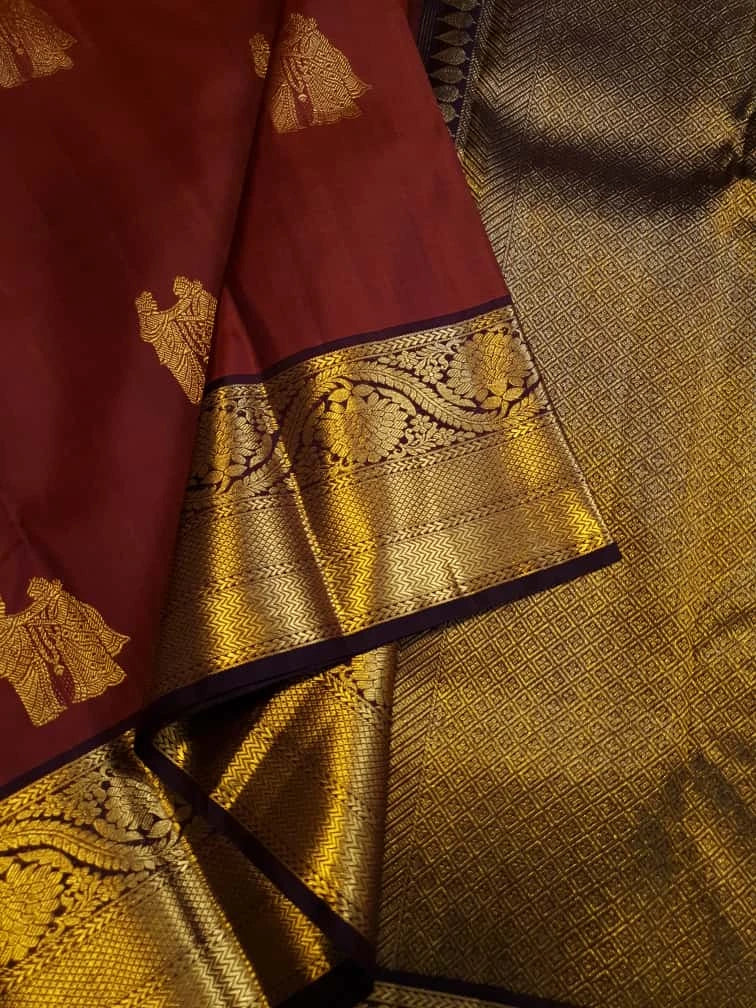 2G Pure Kanjivaram Silk Saree in rustic Brown and Gold Zari Border | Silkmark Certified