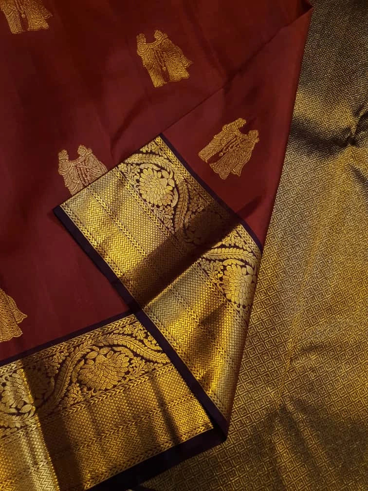 2G Pure Kanjivaram Silk Saree in rustic Brown and Gold Zari Border | Silkmark Certified
