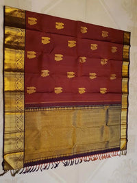 2G Pure Kanjivaram Silk Saree in rustic Brown and Gold Zari Border | Silkmark Certified