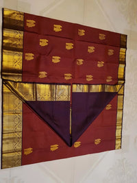 2G Pure Kanjivaram Silk Saree in rustic Brown and Gold Zari Border | Silkmark Certified