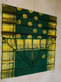 2G Pure Kanjivaram Silk Saree in Dark Green with Gold Pallakku Border | Silkmark Certified