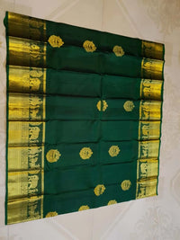 2G Pure Kanjivaram Silk Saree in Dark Green with Gold Pallakku Border | Silkmark Certified
