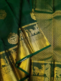 2G Pure Kanjivaram Silk Saree in Dark Green with Gold Pallakku Border | Silkmark Certified