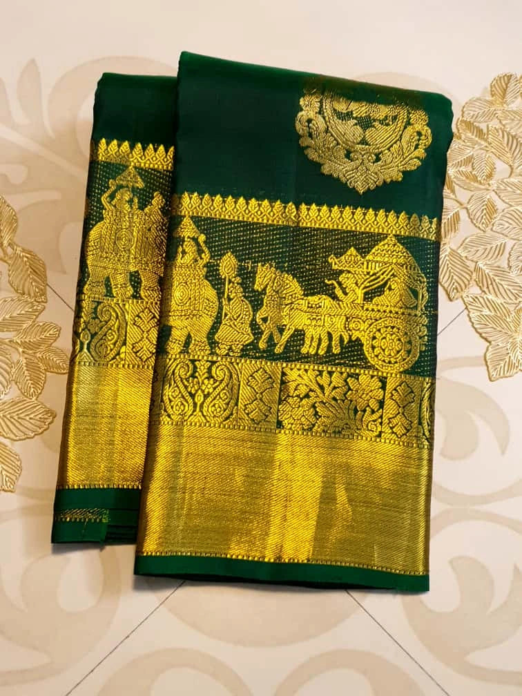 2G Pure Kanjivaram Silk Saree in Dark Green with Gold Pallakku Border | Silkmark Certified