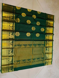 2G Pure Kanjivaram Silk Saree in Dark Green with Gold Pallakku Border | Silkmark Certified