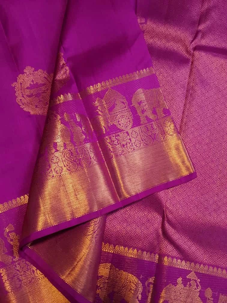 2G Pure Kanjivaram Silk Saree in Rich Magenta Purple with Gold Zari | Silkmark Certified