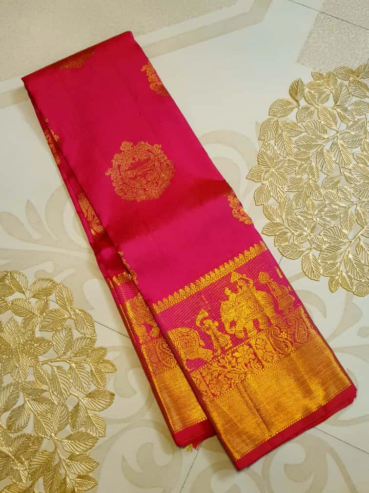 2G Pure Kanjivaram Silk Saree in Pink with Gold Zari | Silkmark Certified