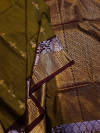 Slubby Soft Semi Silk Saree - Mustard Olive Green