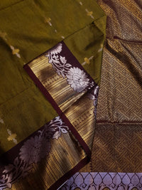 Slubby Soft Semi Silk Saree - Mustard Olive Green