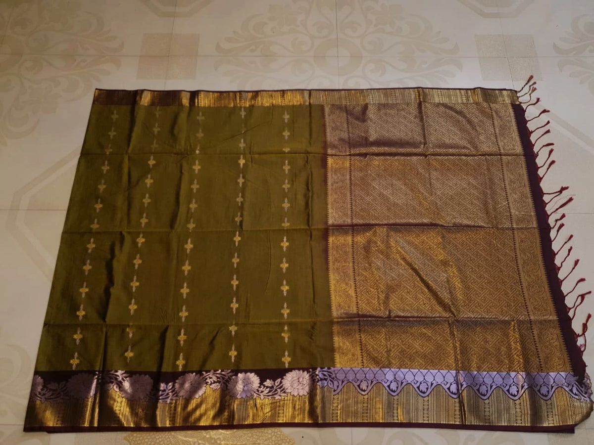 Slubby Soft Semi Silk Saree - Mustard Olive Green