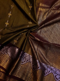 Slubby Soft Semi Silk Saree - Mustard Olive Green