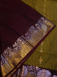 Slubby Soft Semi Silk Saree - Mustard Olive Green