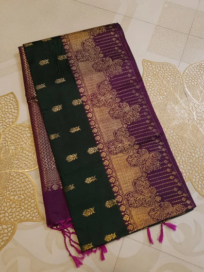 Slubby Soft Semi Silk Saree - Dark Green