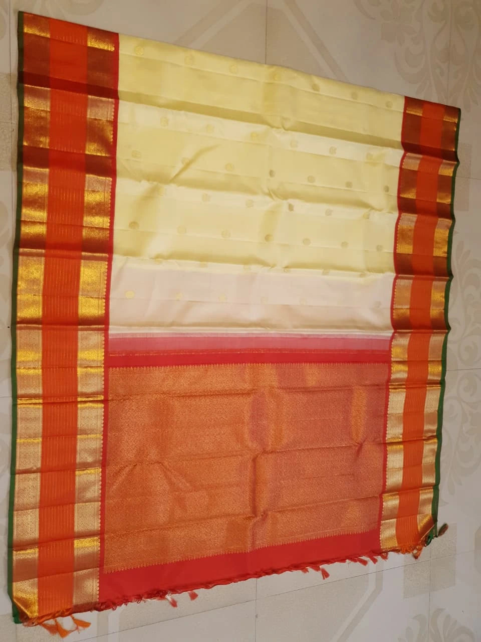 2G Pure Korvai Kanjivaram Silk Saree in Off White with Orange | Silkmark Certified