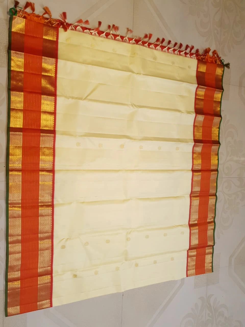2G Pure Korvai Kanjivaram Silk Saree in Off White with Orange | Silkmark Certified