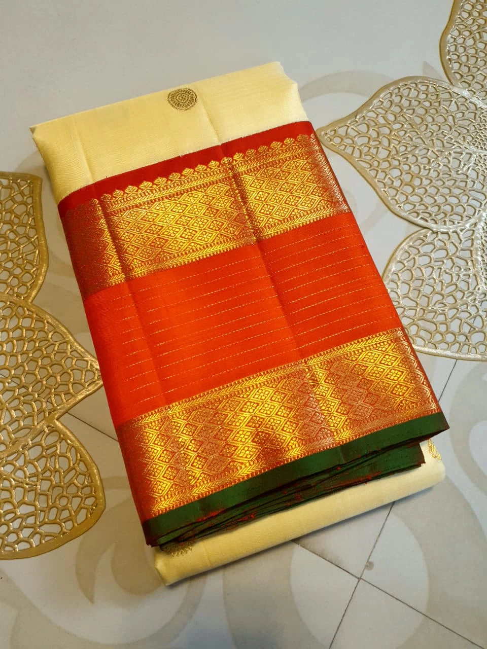 2G Pure Korvai Kanjivaram Silk Saree in Off White with Orange | Silkmark Certified