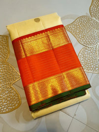 2G Pure Korvai Kanjivaram Silk Saree in Off White with Orange | Silkmark Certified