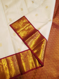 2G Pure Korvai Kanjivaram Silk Saree in Off-White with Maroon Contrast Peacock Border  | Silkmark Certified