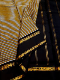 Lightweight Pure Kanjivaram Silk Saree in Mustard Yellow & Black with Gold Zari Stripes | Silkmark Certified