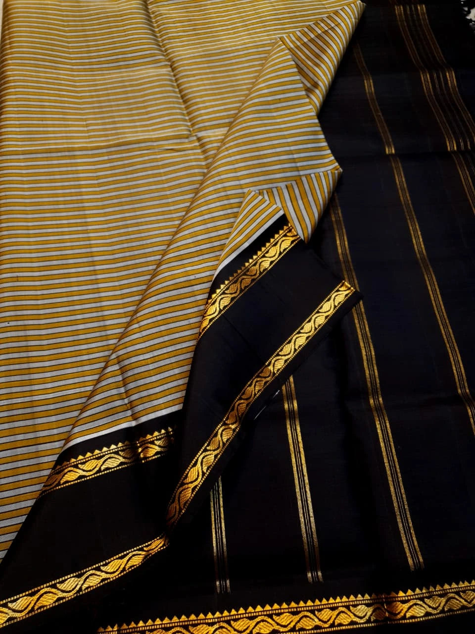 Lightweight Pure Kanjivaram Silk Saree in Mustard Yellow & Black with Gold Zari Stripes | Silkmark Certified