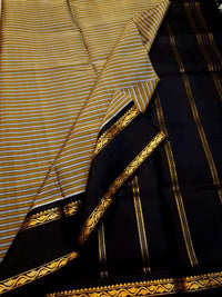Lightweight Pure Kanjivaram Silk Saree in Mustard Yellow & Black with Gold Zari Stripes | Silkmark Certified