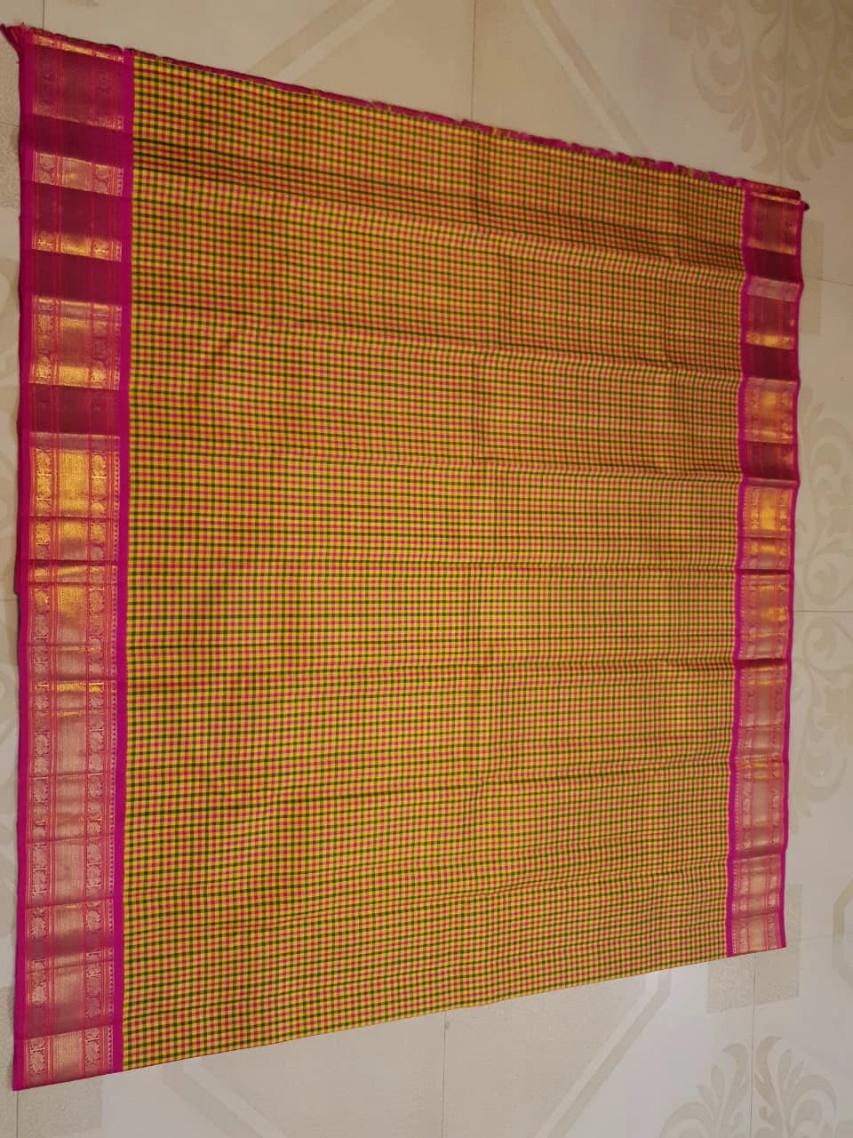 3G Korvai Pure Kanjivaram Silk Saree in Paalum Pazham Checks with Rich Zari Pallu & Blouse | Silkmark Certified