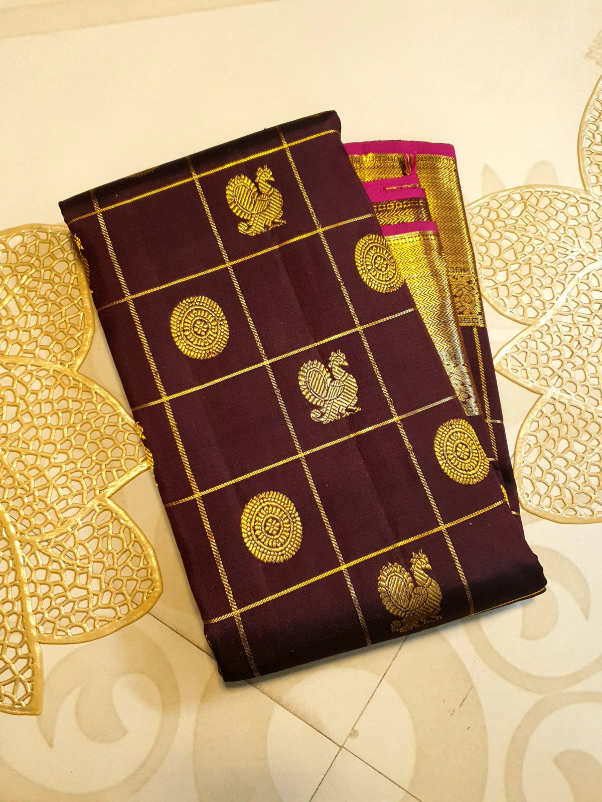 2G Pure Kanjivaram Silk Saree in Deep Brown with Rich Gold Zari Checks, Peacock & Chakram Buttas and Grand Zari Border | Silkmark Certified