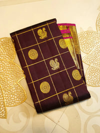 2G Pure Kanjivaram Silk Saree in Deep Brown with Rich Gold Zari Checks, Peacock & Chakram Buttas and Grand Zari Border | Silkmark Certified