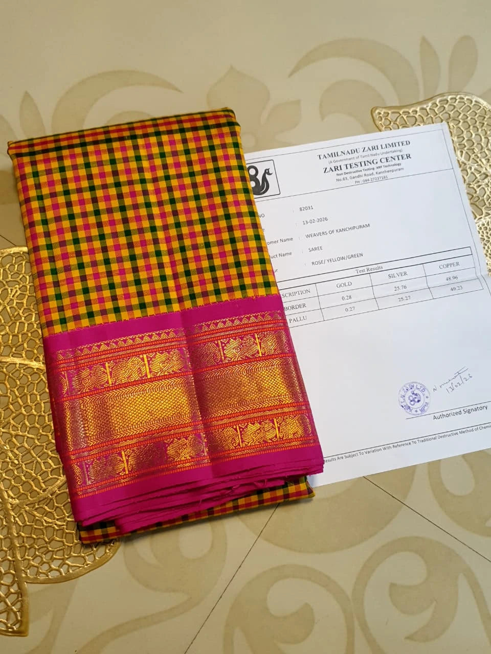 3G Korvai Pure Kanjivaram Silk Saree in Paalum Pazham Checks with Rich Zari Pallu & Blouse | Silkmark Certified