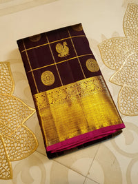 2G Pure Kanjivaram Silk Saree in Deep Brown with Rich Gold Zari Checks, Peacock & Chakram Buttas and Grand Zari Border | Silkmark Certified