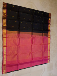 Light weight Kanjivaram Silk Saree in Black with Pink and Gold Zari motif