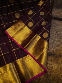 2G Pure Kanjivaram Silk Saree in Deep Brown with Rich Gold Zari Checks, Peacock & Chakram Buttas and Grand Zari Border | Silkmark Certified