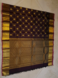 2G Pure Kanjivaram Silk Saree in Deep Brown with Rich Gold Zari Checks, Peacock & Chakram Buttas and Grand Zari Border | Silkmark Certified