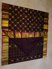 2G Pure Kanjivaram Silk Saree in Deep Brown with Rich Gold Zari Checks, Peacock & Chakram Buttas and Grand Zari Border | Silkmark Certified